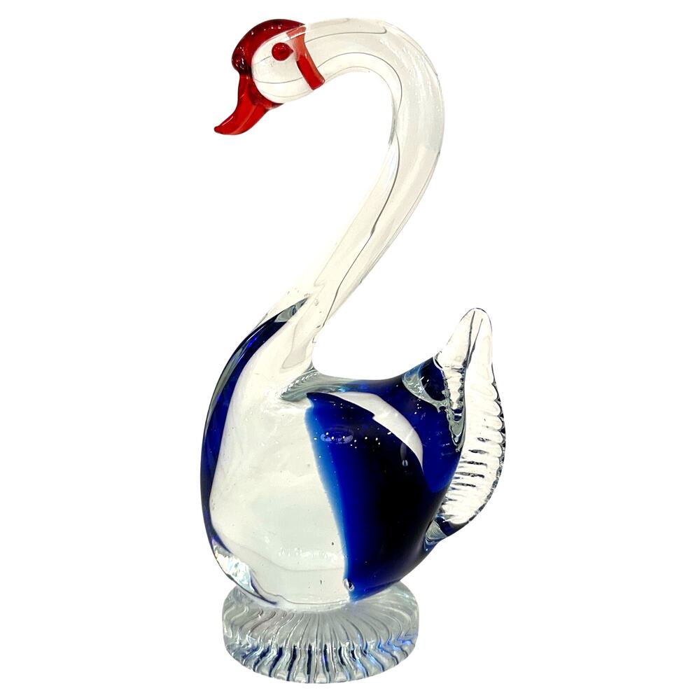 Art Glass Blown Swan Figure with Clear/Blue Glass Body and Bright Red Bill-Nice!